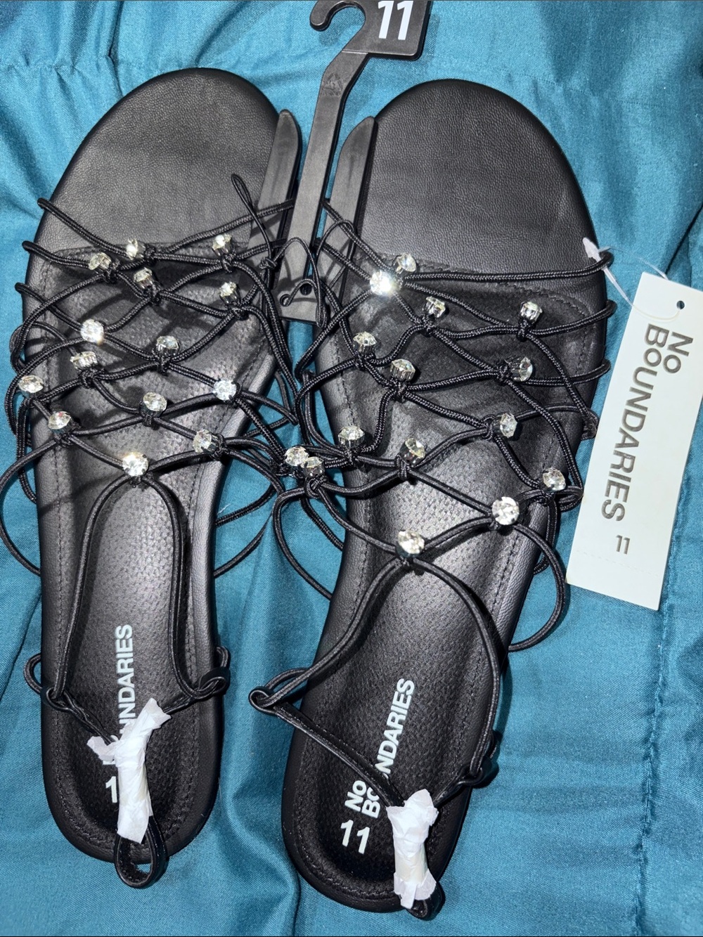 No Boundaries Black Gem-Strap Lace-Up Sandals - Size 11